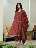 Yufta Maroon Ethnic Motifs A-Line Kurta Trouser Dupatta Set With Bucket Neck