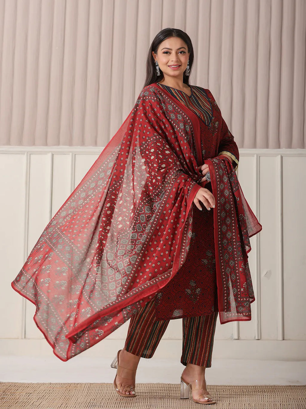 Yufta Maroon Floral Print Patch & Lace Work Plus Size Kurta Set With Pant & Dupatta