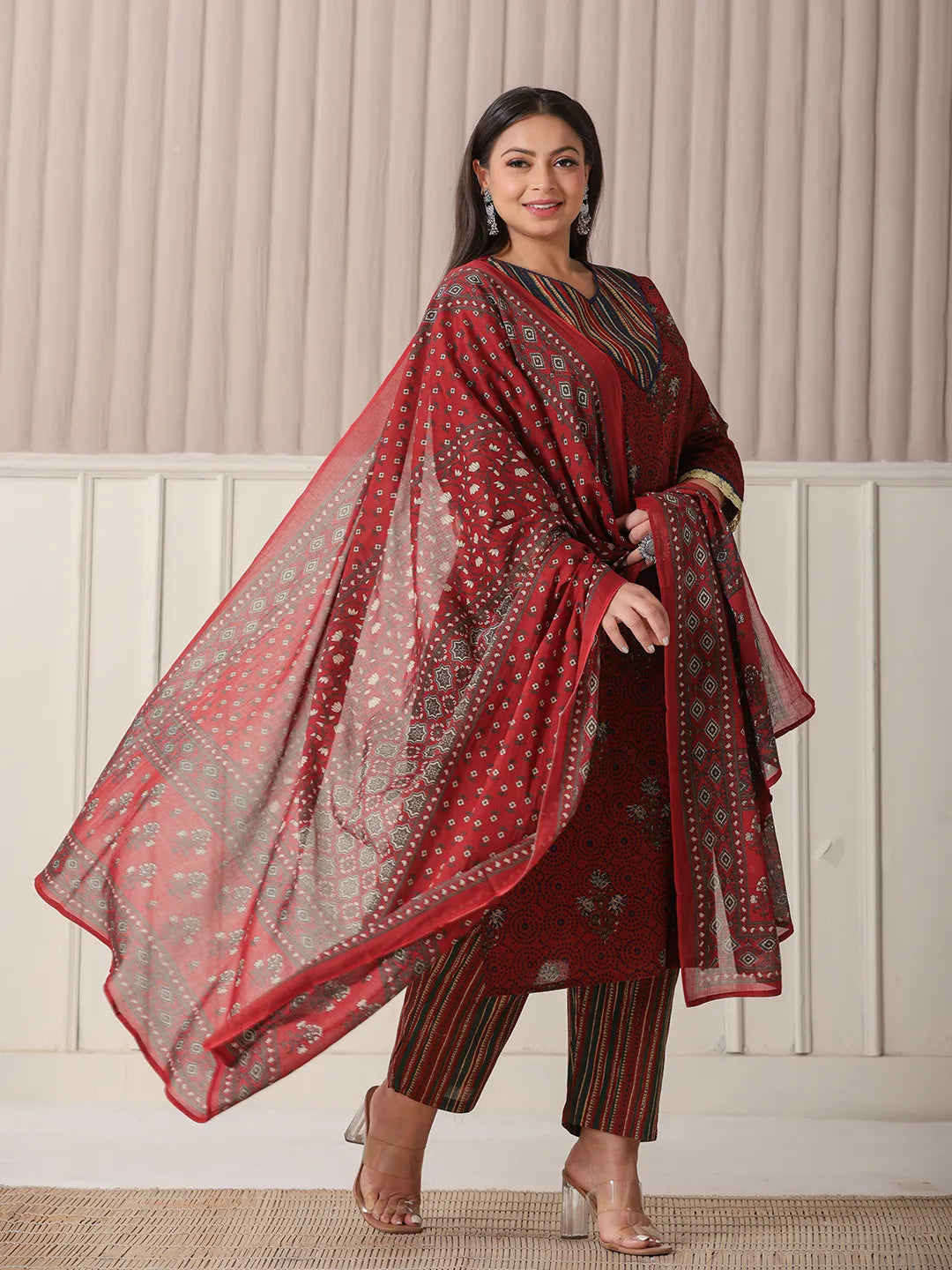 Yufta Maroon Floral Print Patch & Lace Work Plus Size Kurta Set With Pant & Dupatta