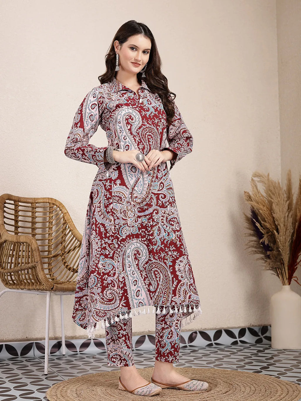 Yufta Maroon Pure Cotton Boho Print Co-Ord Set