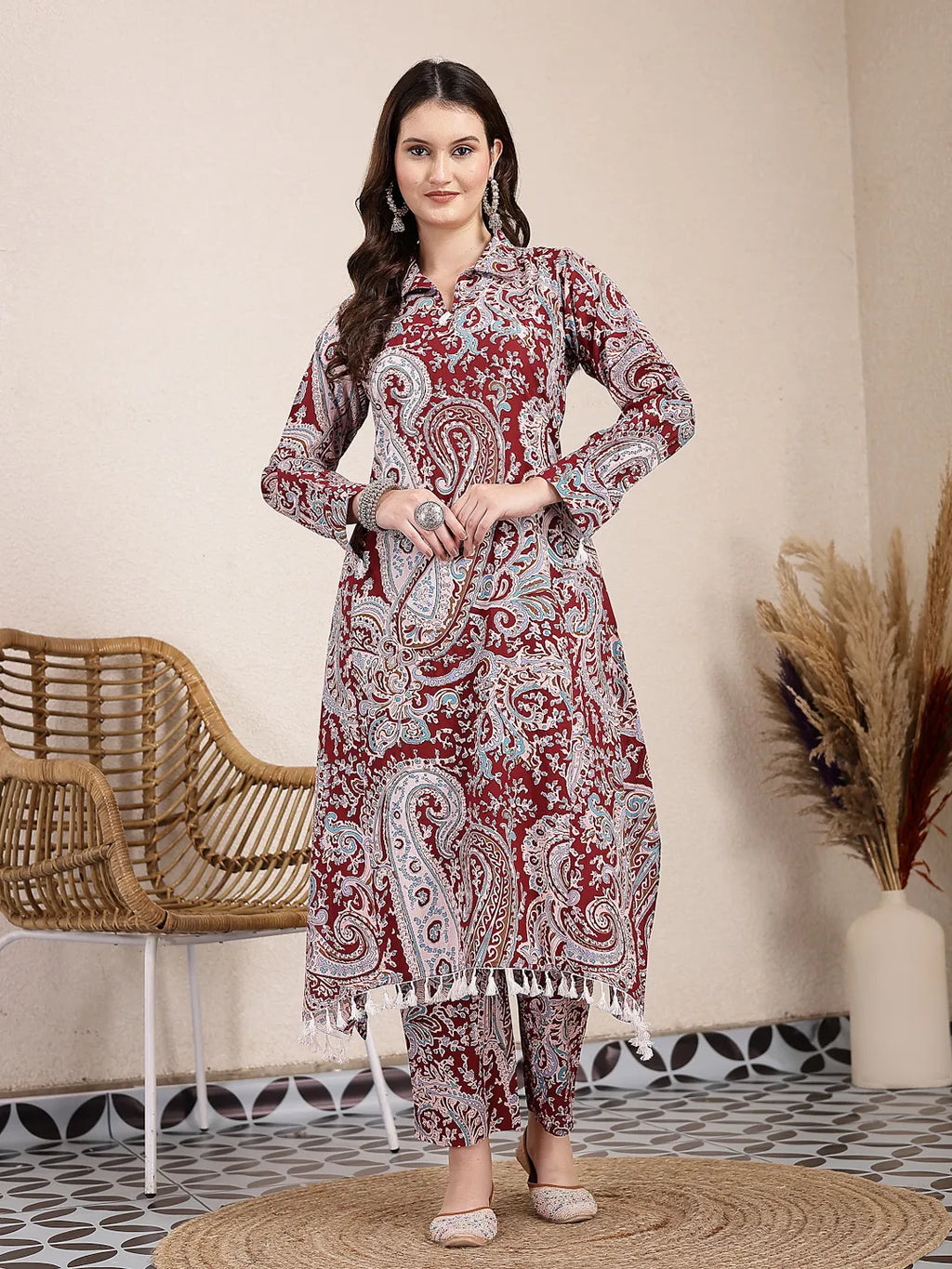 Yufta Maroon Pure Cotton Boho Print Co-Ord Set