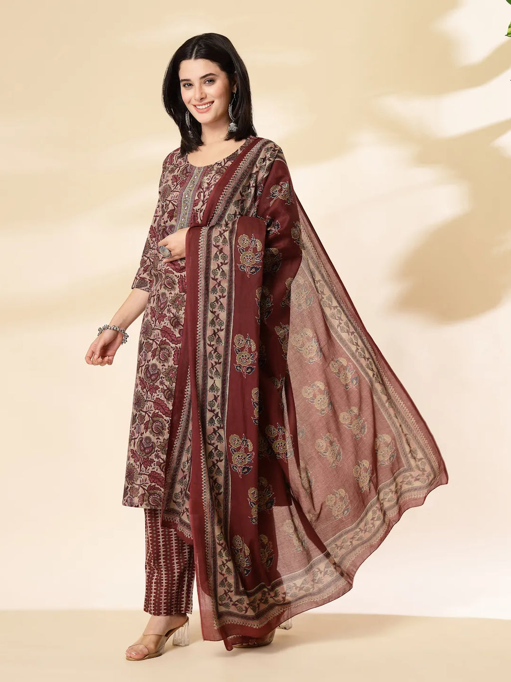 Yufta Maroon Pure Cotton Straight Kurta Dupatta Set