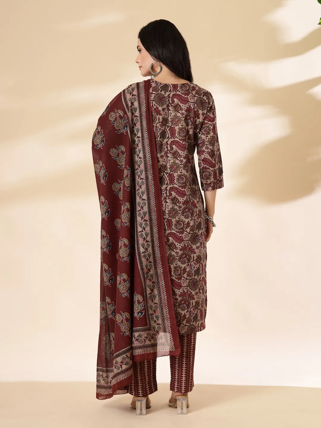 Yufta Maroon Pure Cotton Straight Kurta Dupatta Set