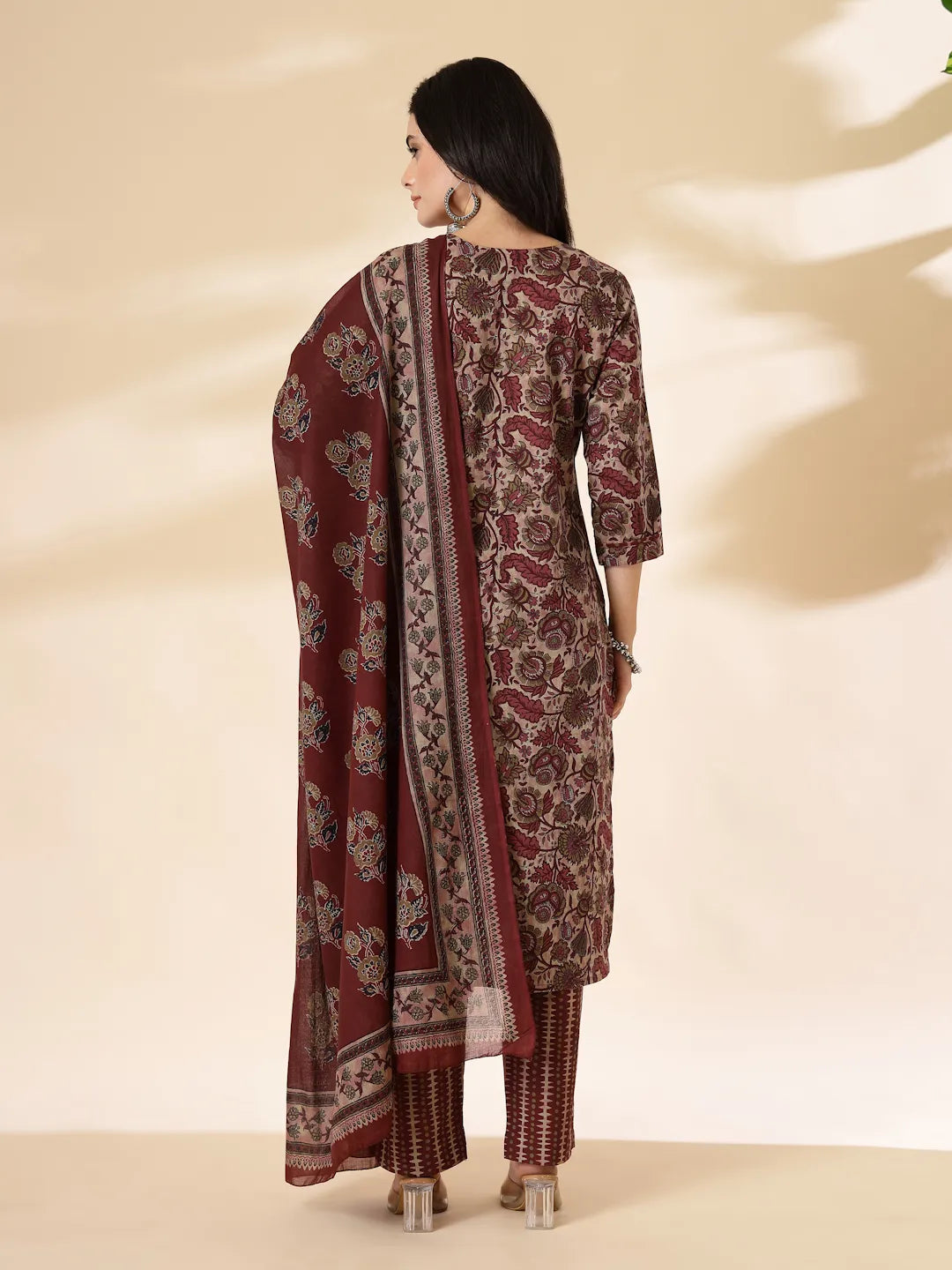 Yufta Maroon Pure Cotton Straight Kurta Dupatta Set