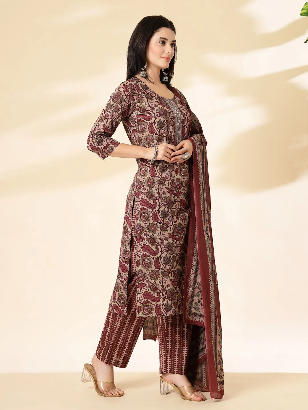 Yufta Maroon Pure Cotton Straight Kurta Dupatta Set