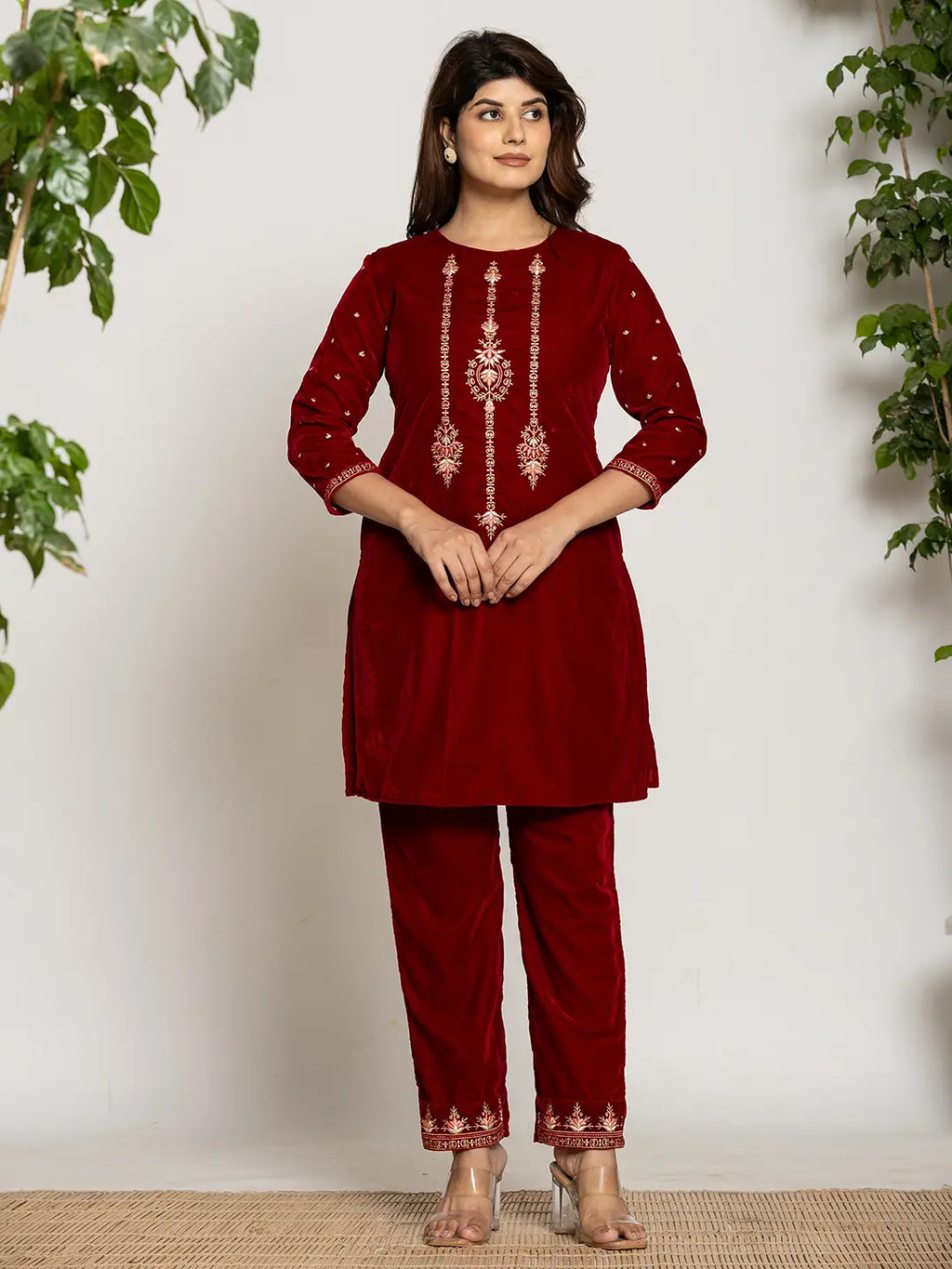 Yufta Maroon Velvet Embroidered Co-Ord Set With Cotton Lining