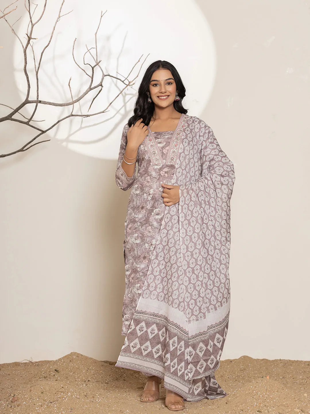 Yufta Mauve Floral Print Cotton Straight Kurta Dupatta Set
