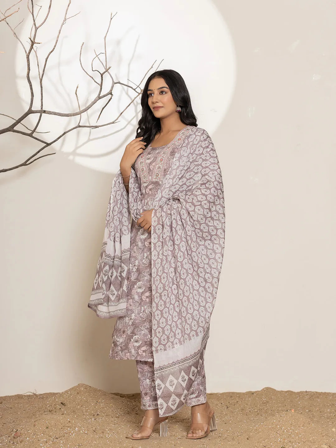 Yufta Mauve Floral Print Cotton Straight Kurta Dupatta Set