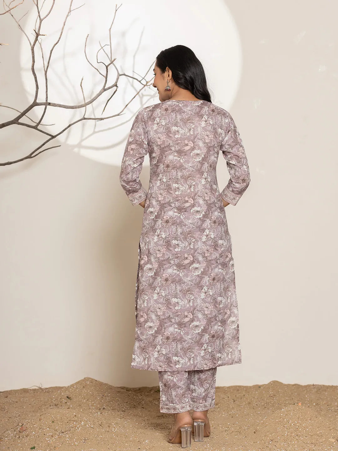 Yufta Mauve Floral Print Cotton Straight Kurta Dupatta Set