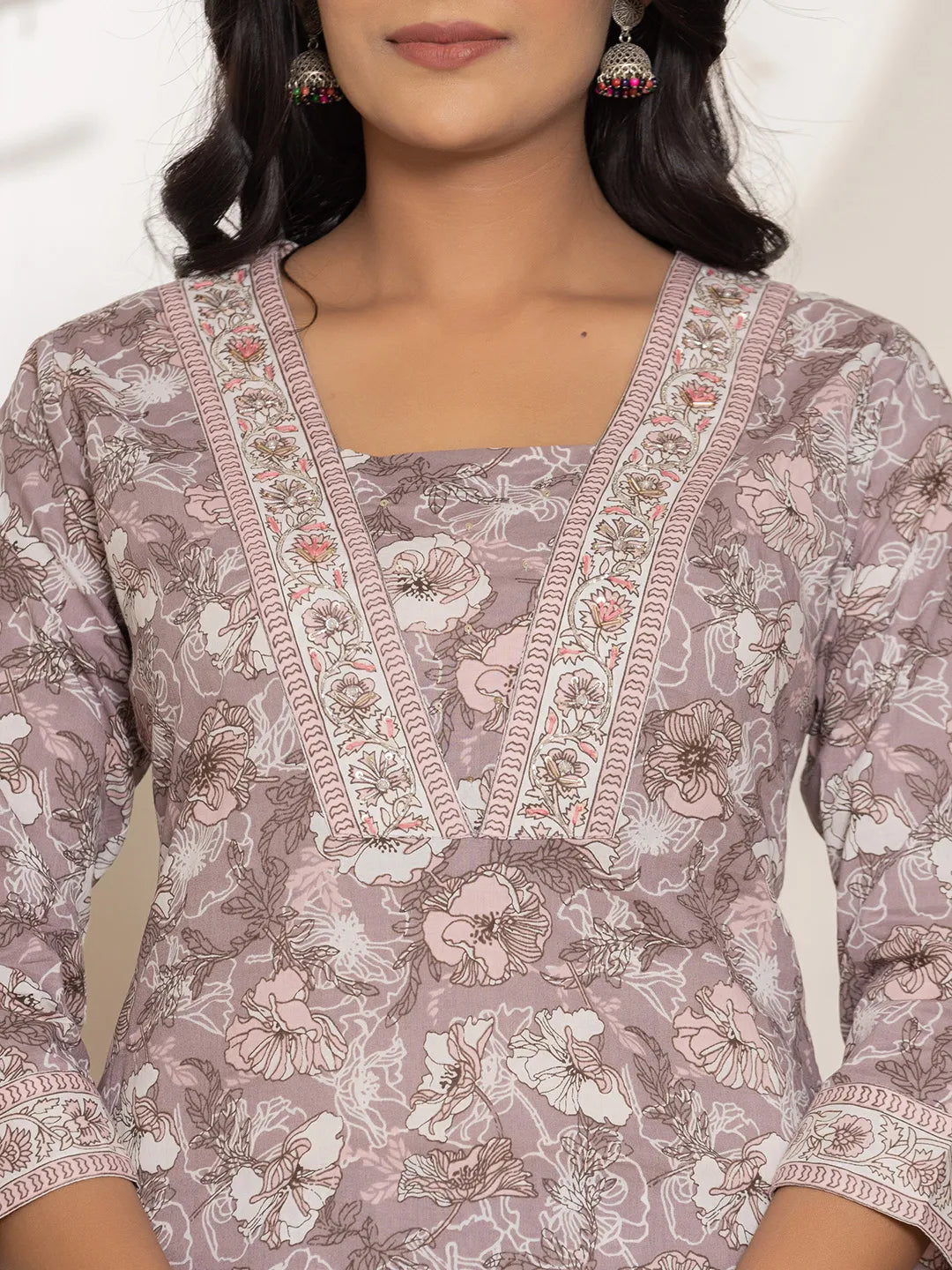 Yufta Mauve Floral Print Cotton Straight Kurta Dupatta Set