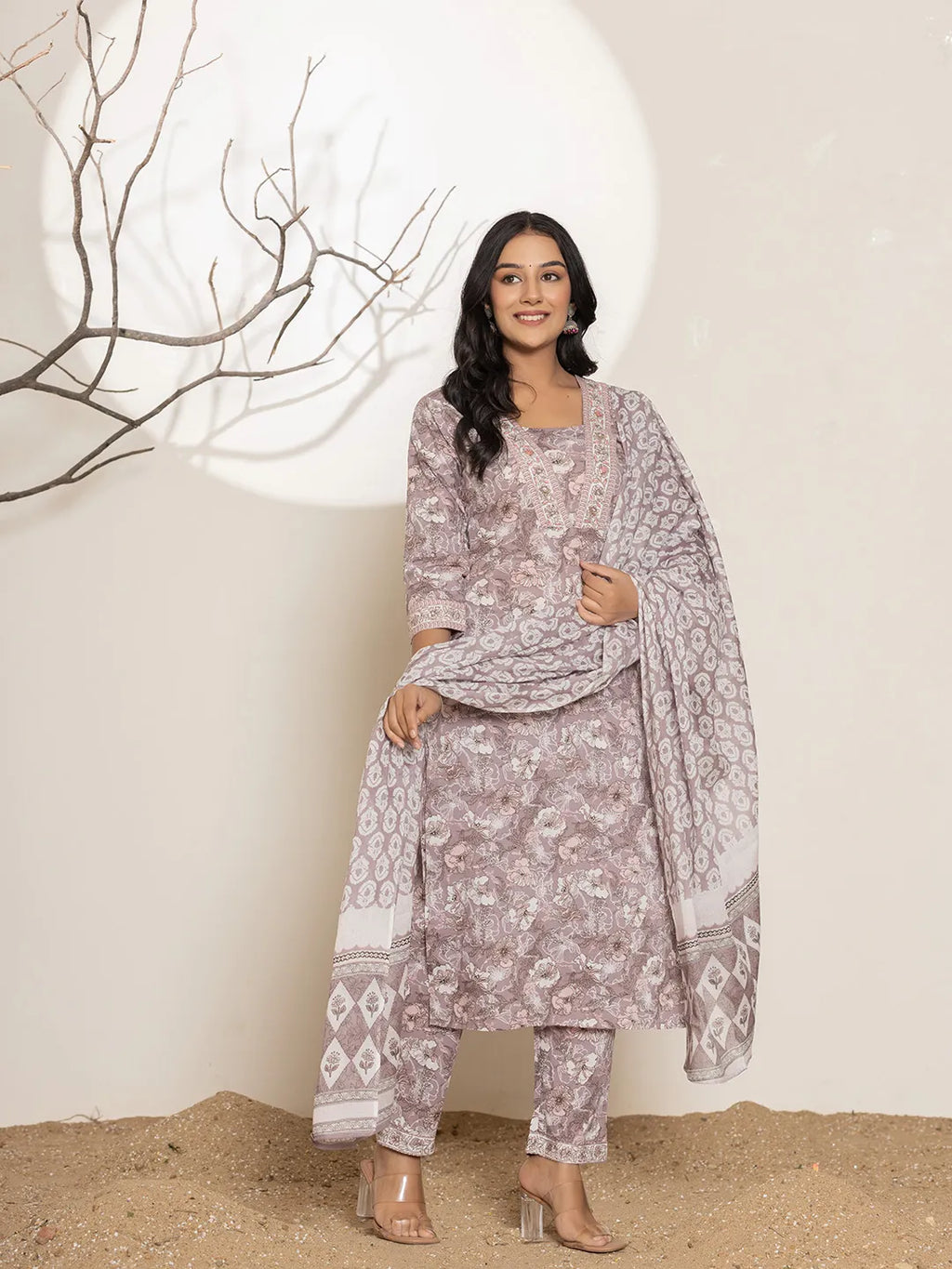 Yufta Mauve Floral Print Cotton Straight Kurta Dupatta Set