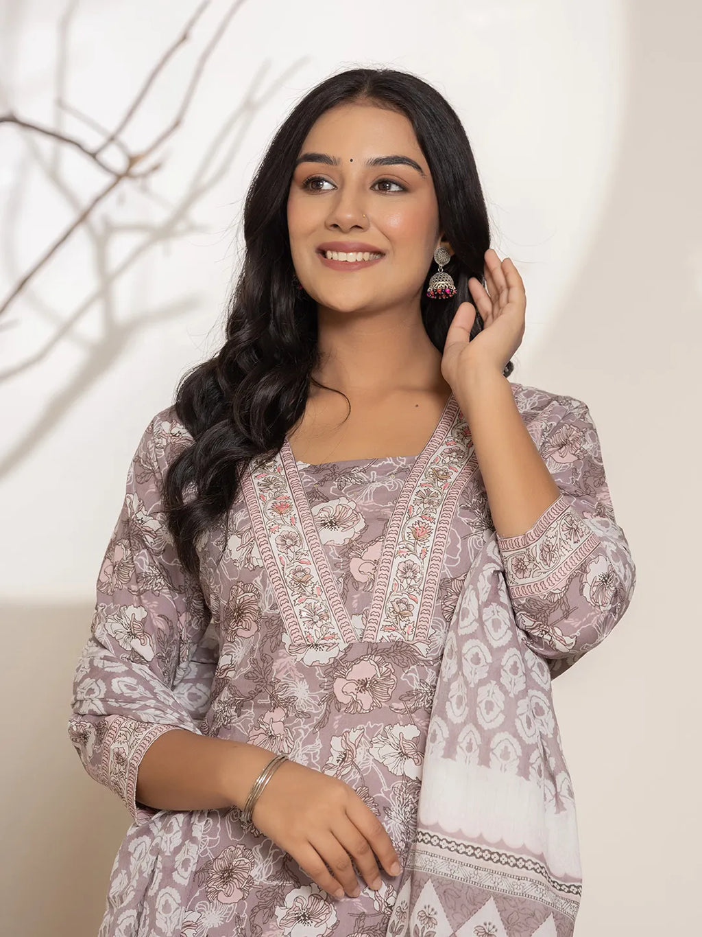 Yufta Mauve Floral Print Cotton Straight Kurta Dupatta Set