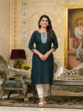 Juniper Women's Green Thread Embroidered Rayon Kurta