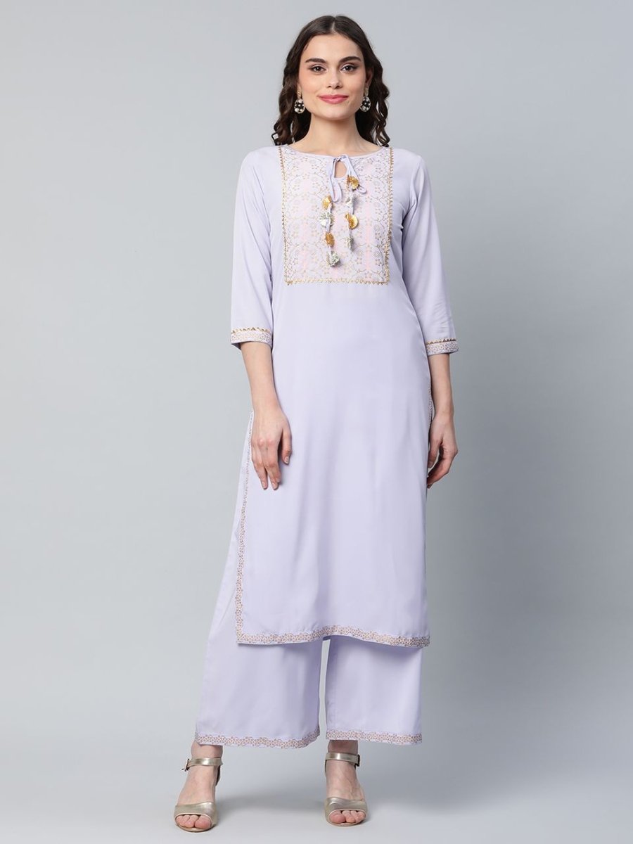 Ahalyaa Women's Powder Blue Crepe Gold Printed Kurta Palazzo Set