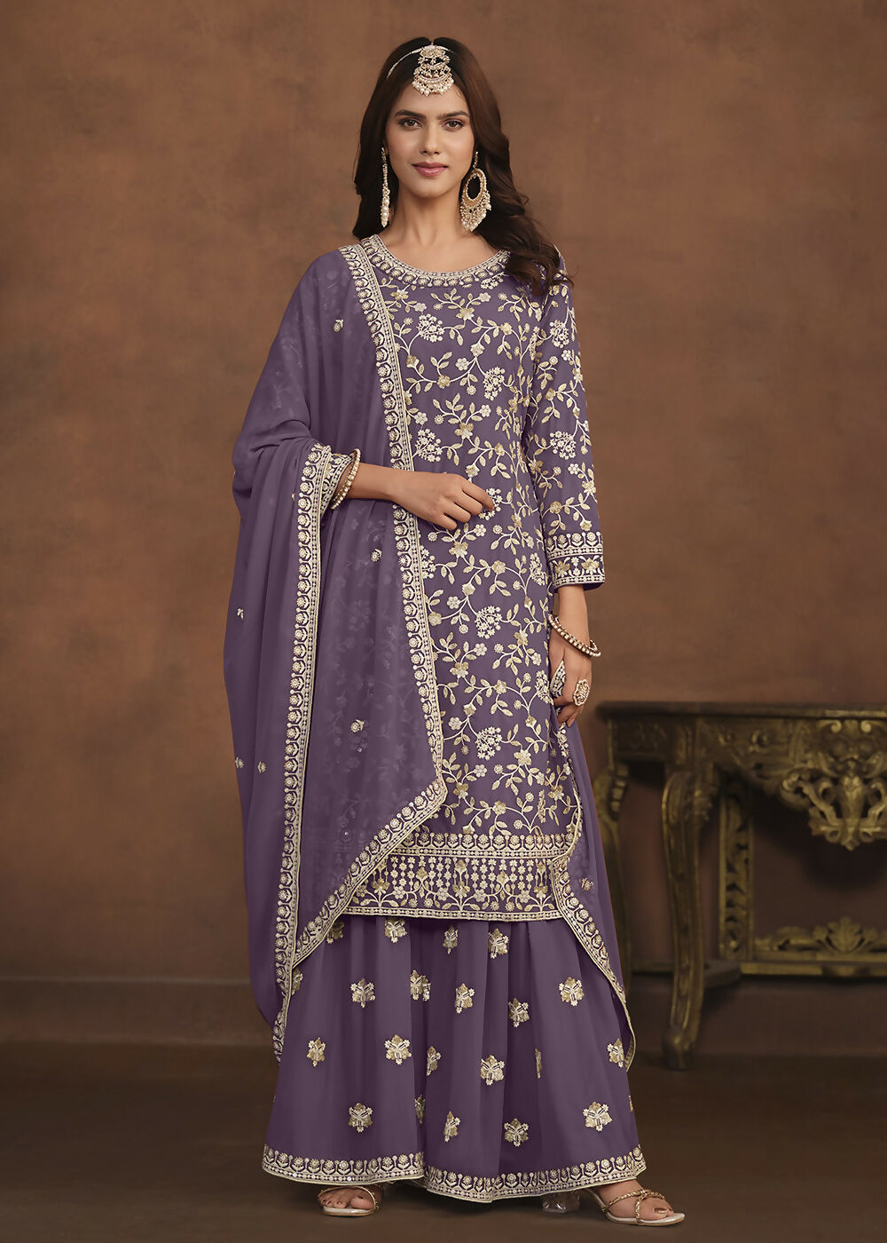 Faux Georgette Purple Embroidered Festive Salwar Suit - Emponline