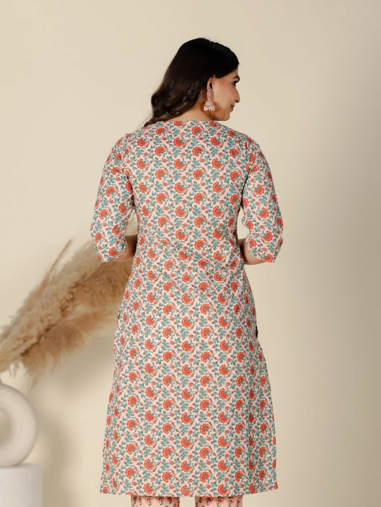 Aramya Orange Soft Cotton Floral Straight Kurta for Women