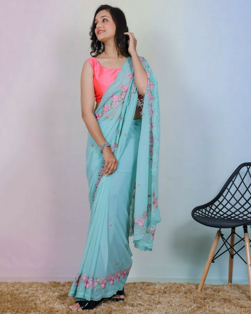 Vamsee Rashmika Blue Georgette Saree