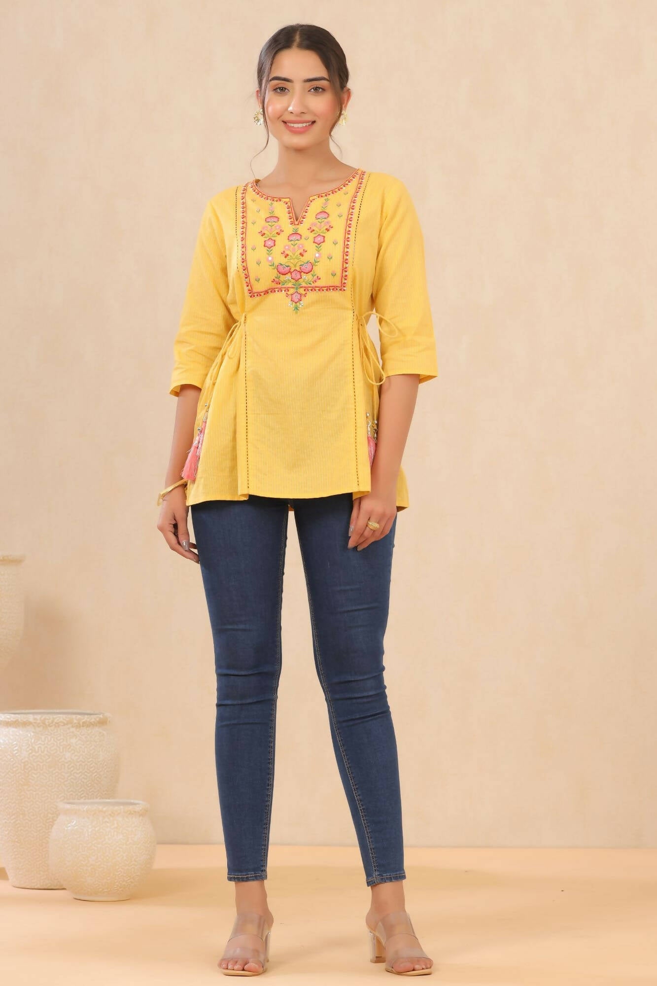 Juniper Women Yellow Cotton Dobby Embroidered A-Line Tunic