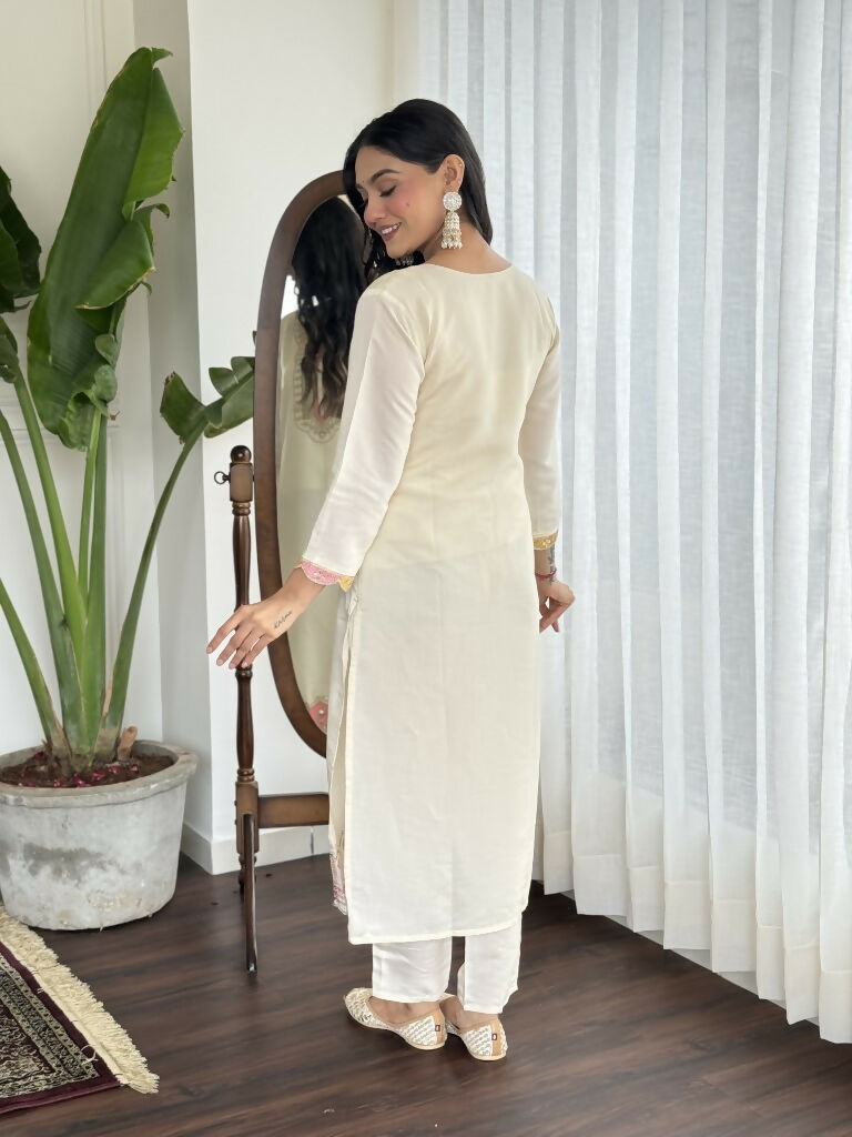 Cream Viscose chanderi Stitched Suit With Dupatta - Tanisha