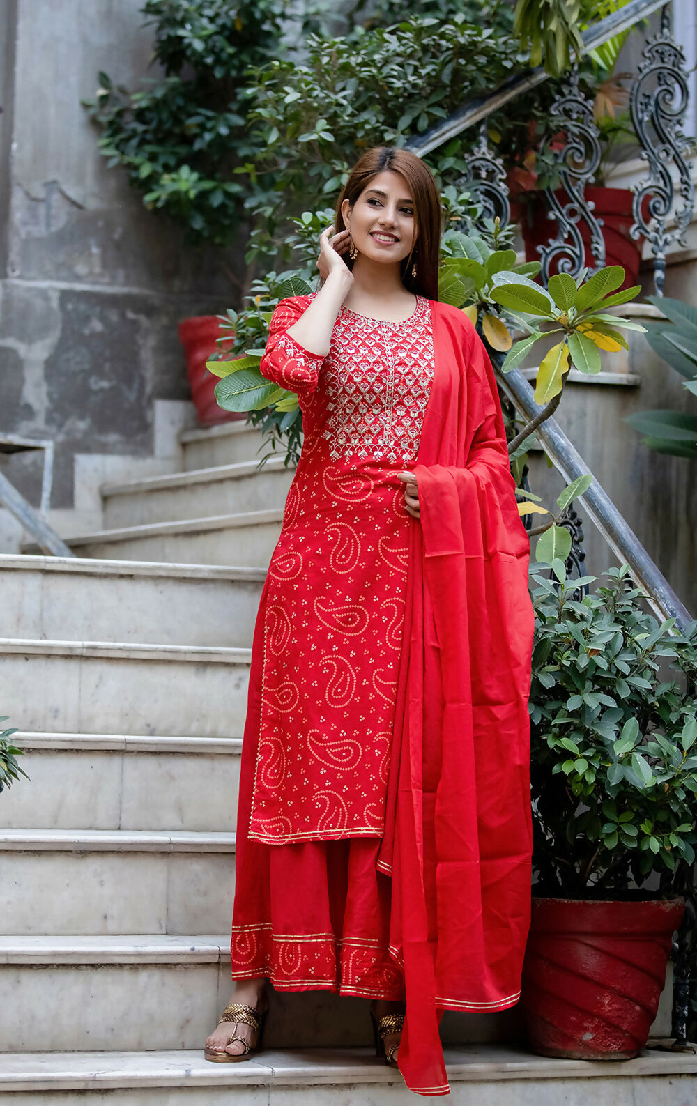Kaajh Women's Red Bhandej Embroidered Kurta Sharara With Dupatta Set