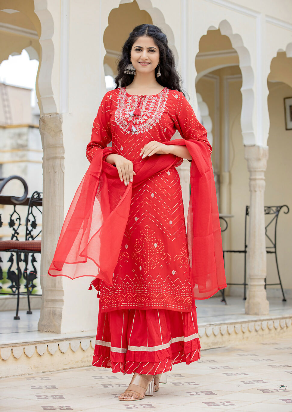 Kaajh Women's Red Embroidered Cotton Kurta Sharara Set With Dupatta