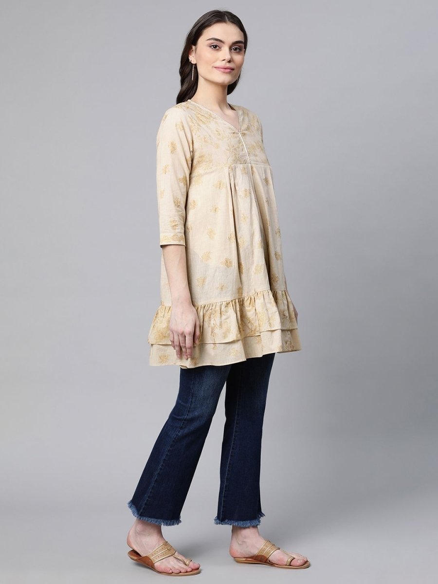 Ahalyaa Beige Cotton Gold Printed Tunic