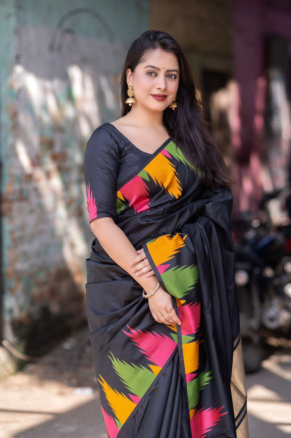 Black Polycotton Woven Design Saree with Unstitched Blouse - Hiral Fashion