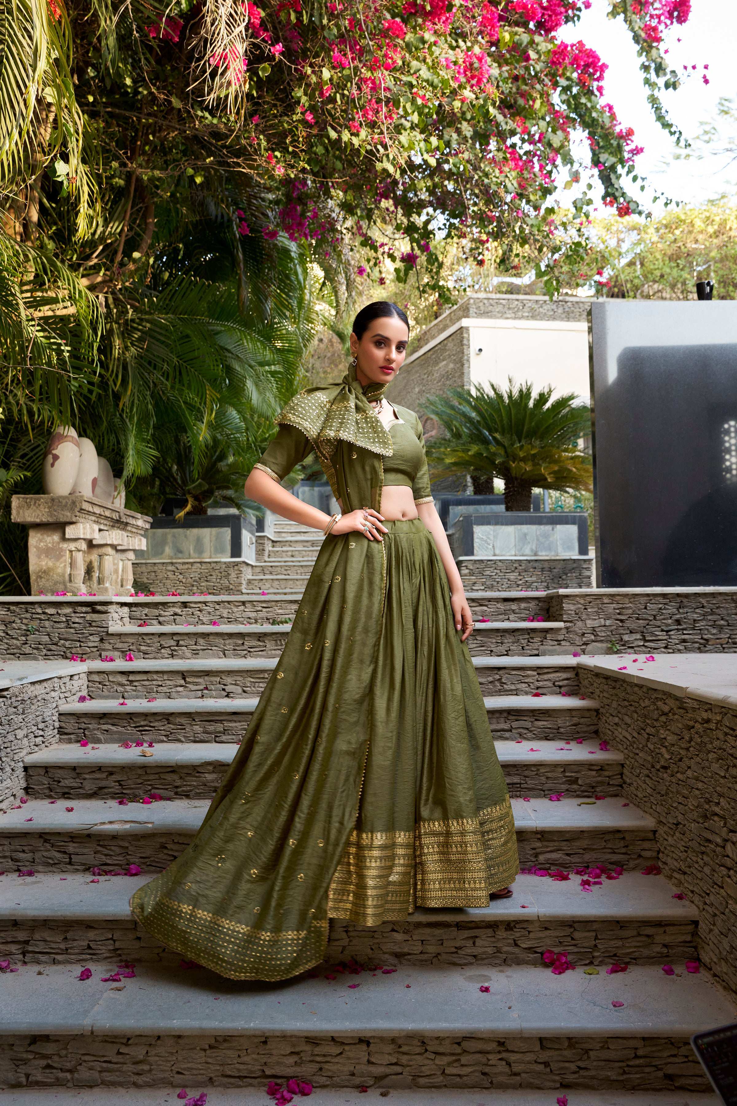 Evanik Women Pure Chanderi Plain With Zari Weaving Work Border Stitched Lehenga With Unstitched Blouse Dupatta(Up to 42)