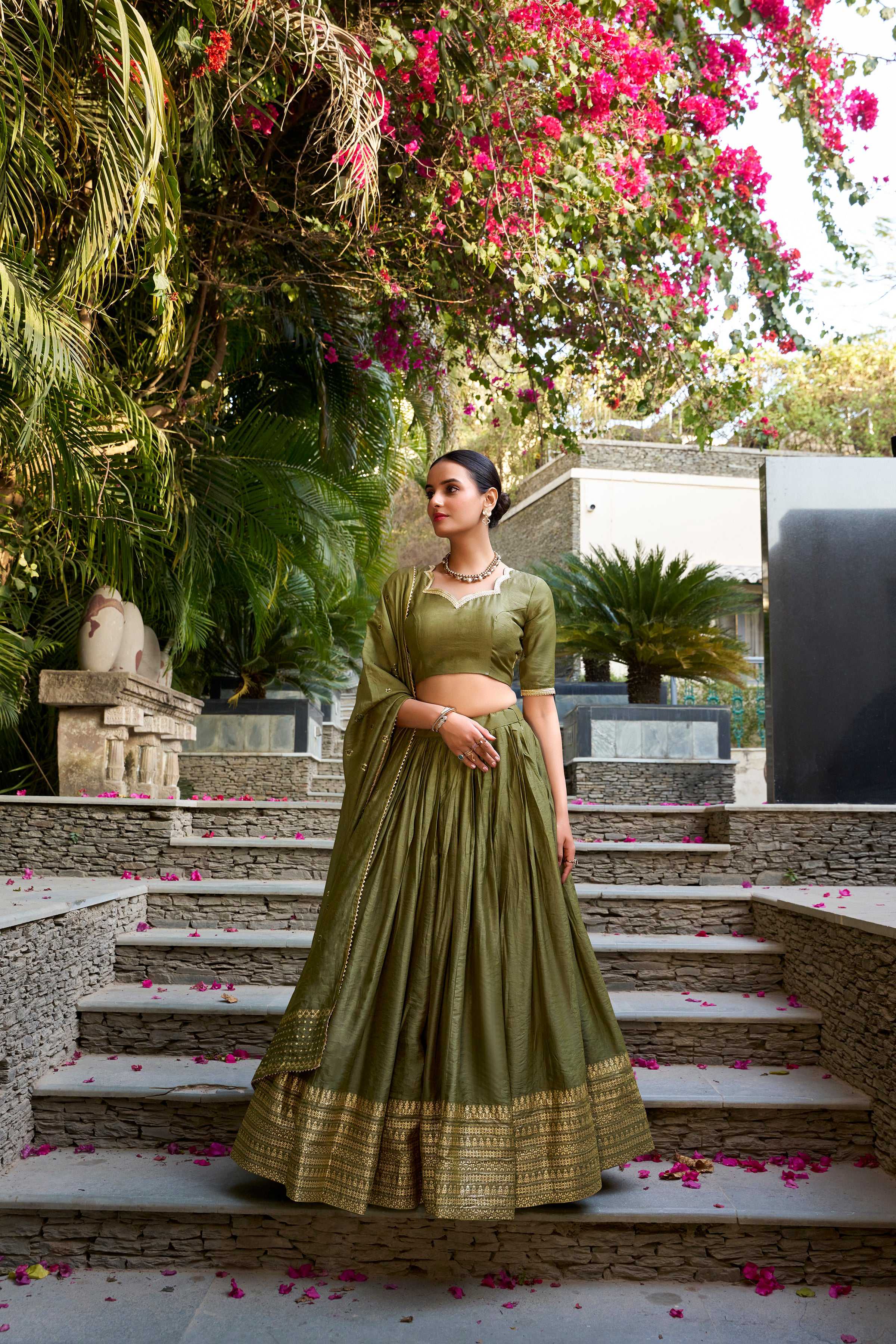 Evanik Women Pure Chanderi Plain With Zari Weaving Work Border Stitched Lehenga With Unstitched Blouse Dupatta(Up to 42)