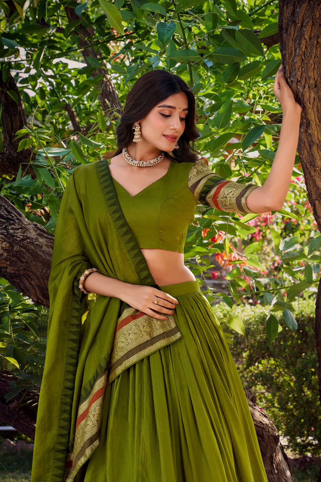 Evanik Women Pure Chanderi Plain With Zari Weaving Work Border Stitched Lehenga With Unstitched Blouse Dupatta(Up to 42)