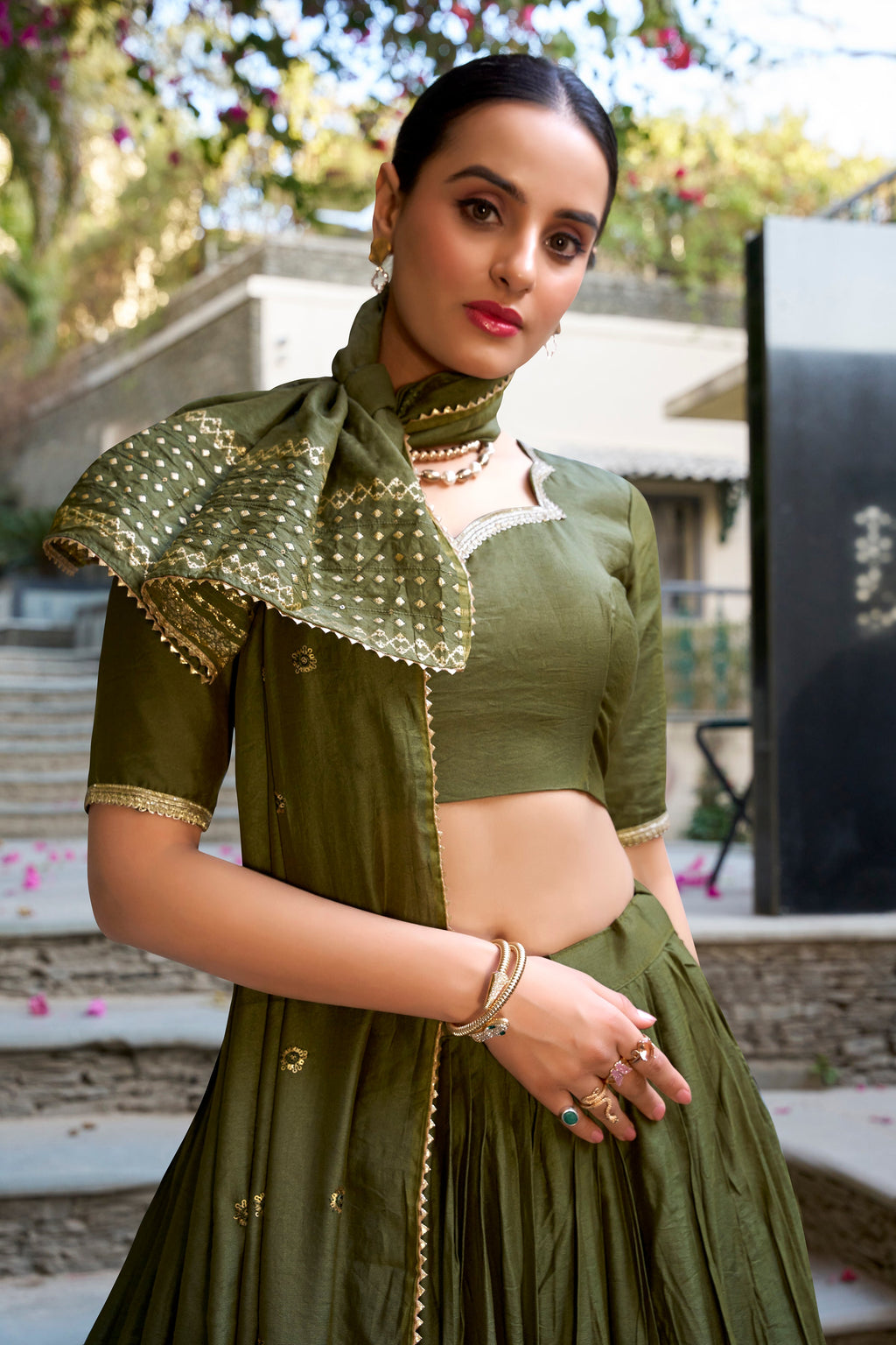 Evanik Women Pure Chanderi Plain With Zari Weaving Work Border Stitched Lehenga With Unstitched Blouse Dupatta(Up to 42)