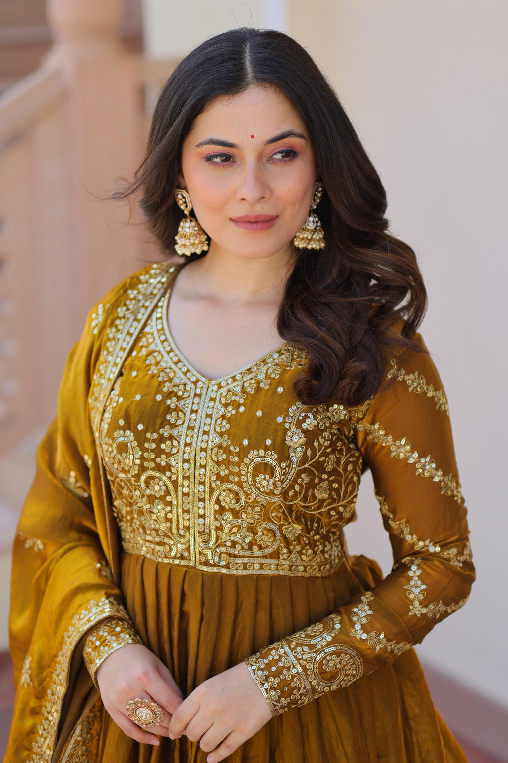 Evanik Mehendi Fendy Fabric With Zari & Sequins Embroidered work Gown Dupatta