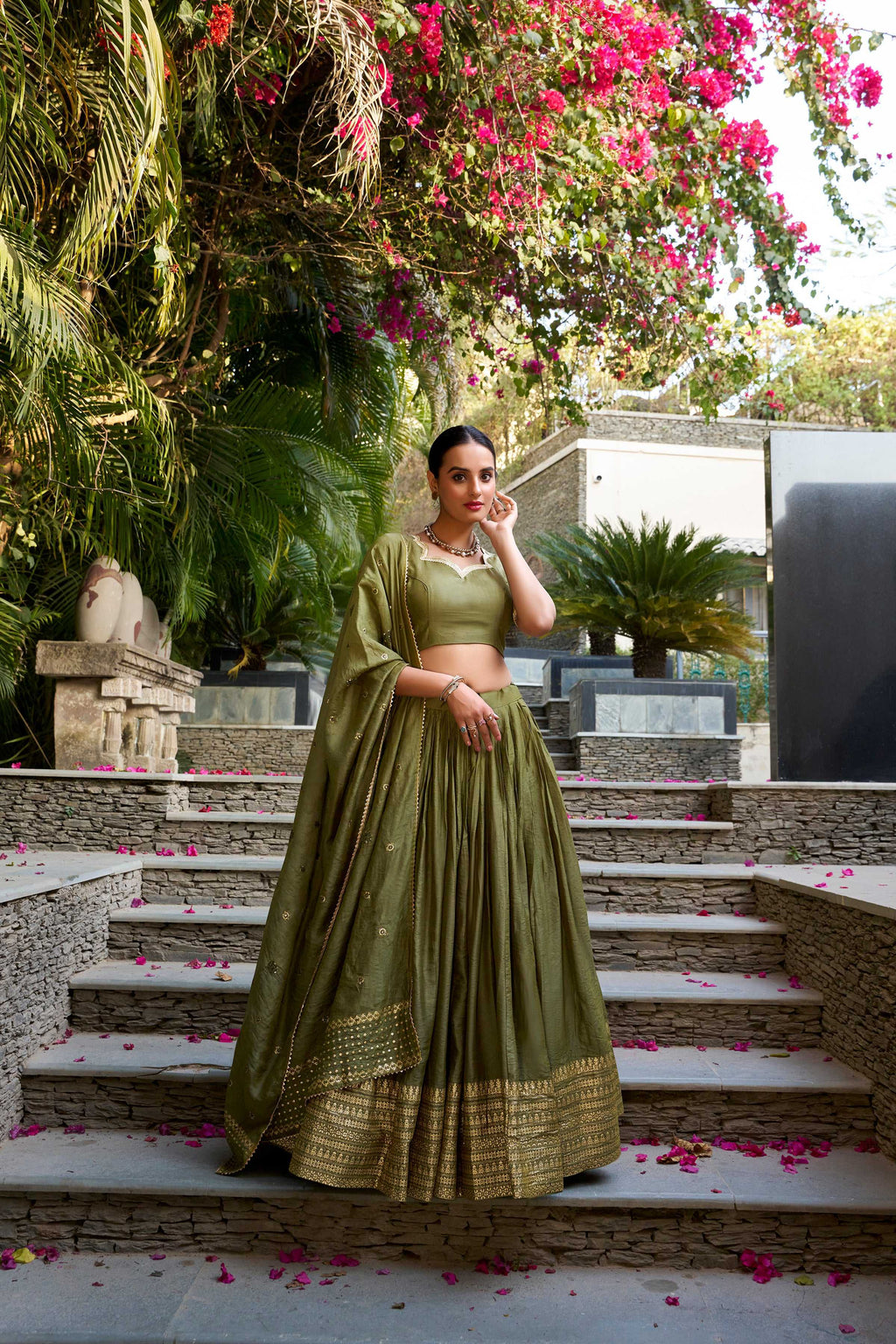 Evanik Women Pure Chanderi Plain With Zari Weaving Work Border Stitched Lehenga With Unstitched Blouse Dupatta(Up to 42)
