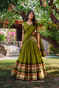 Evanik Women Pure Chanderi Plain With Zari Weaving Work Border Stitched Lehenga With Unstitched Blouse Dupatta(Up to 42)