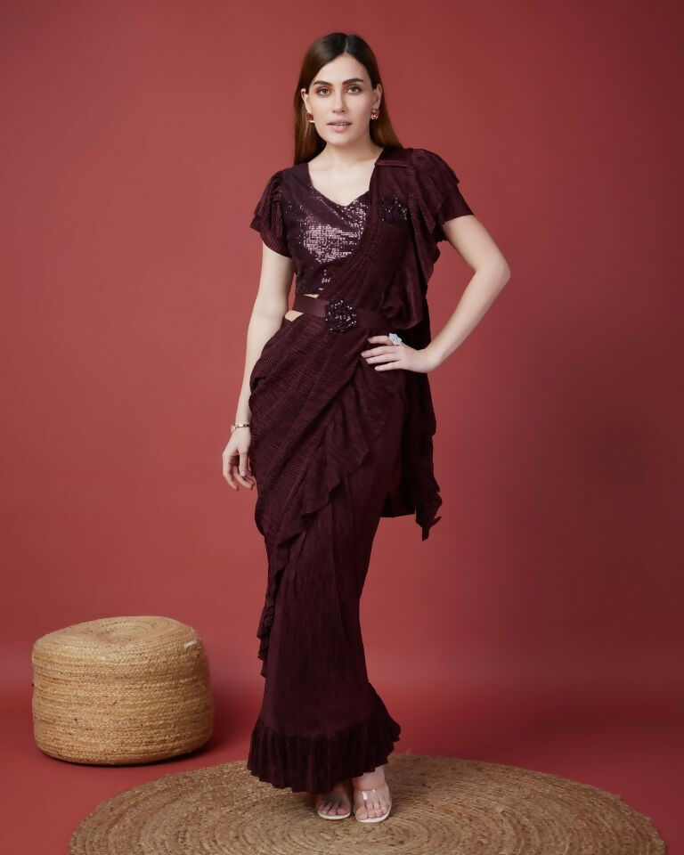 Wine Imported Crush Solid Ready to Wear Saree with stitched Blouse - Aayan