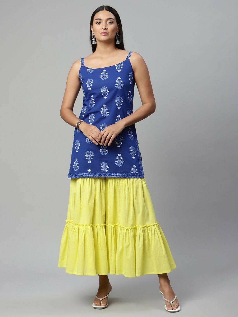 Ahalyaa Womens Royal Blue Pure Cotton Printed Tunic Sharara Set