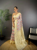 Joban Fashion Cream Floral Motifs Banarasi Silk Sarees