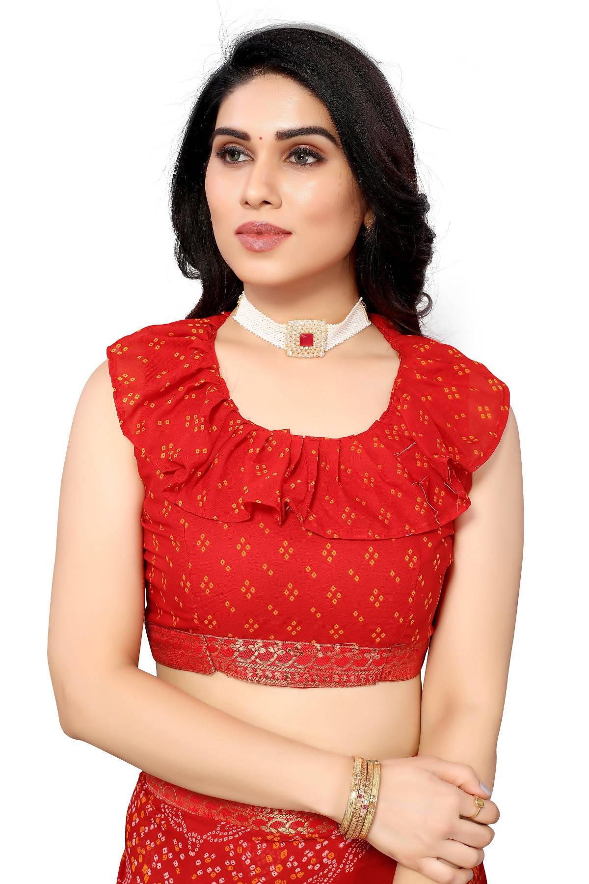 Vamika Ethnic Fire Red Printed With Lace Saree