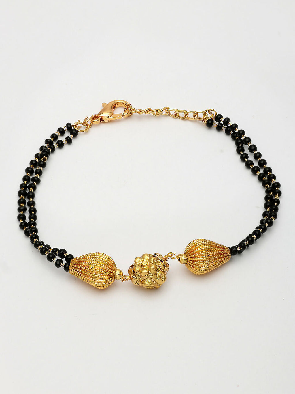 NVR Women Gold-Polished & Black Brass Hand Mangalsutra Link Bracelet