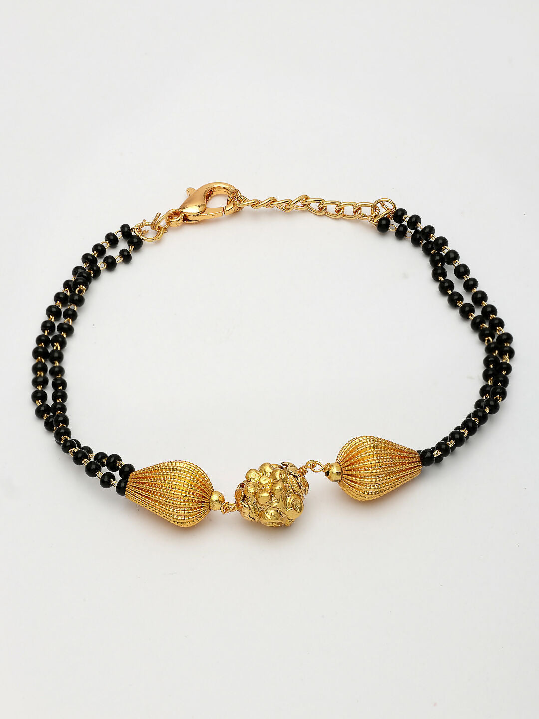 NVR Women Gold-Polished & Black Brass Hand Mangalsutra Link Bracelet