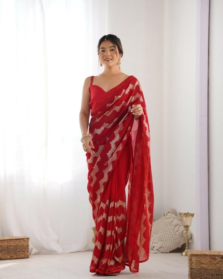 Red Georgette Sequance Embroidery Work Border Saree - Sitare