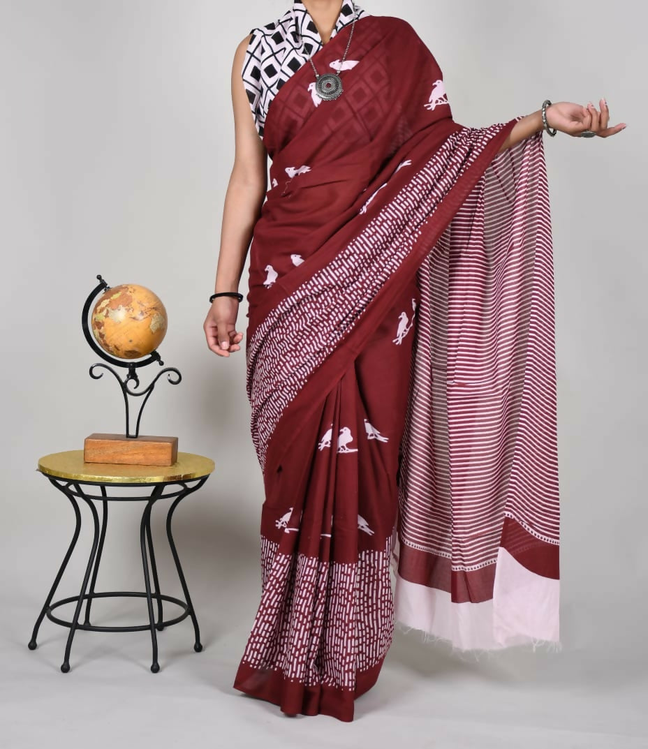 Exclusive Collection Maroon Beautiful Mulmul Cotton Saree