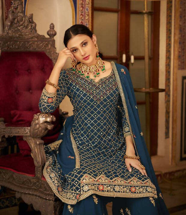 Teal Heavy Chinon Semi Stitched Kurta with Bottom & Dupatta - Dhvani