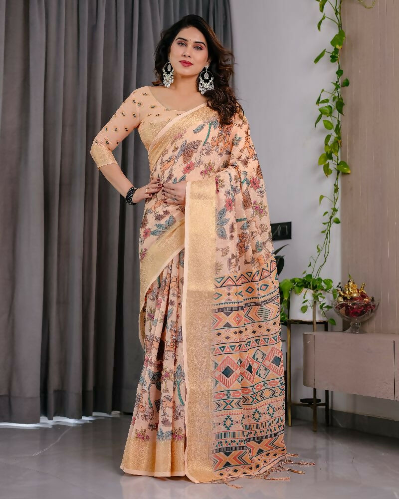 PR Fashion Cream Pure Handloom Linen Saree
