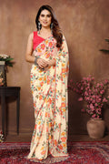 Partywear Designer Cream Georgette Fancy Saree - Satrangi