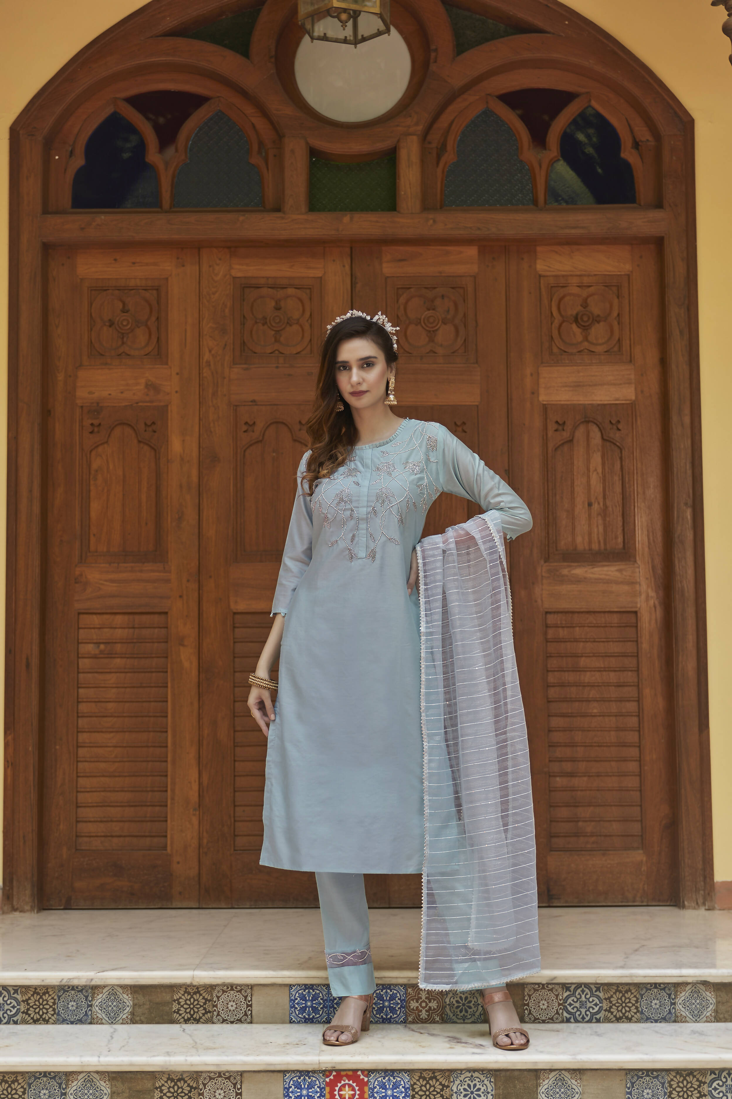 Sky Blue Chinon Embroidered Kurta and Bottom with Dupatta - Akashara