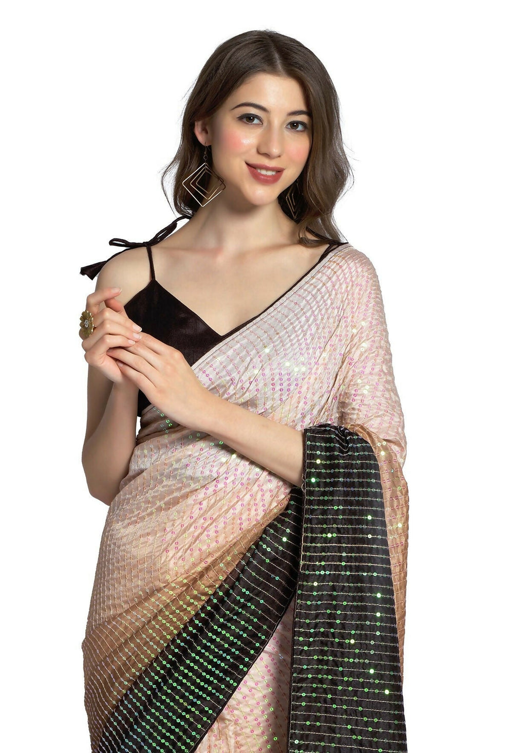 Vegaa Fashion Cream Vichitra Silk Embroidered Party Wear Saree