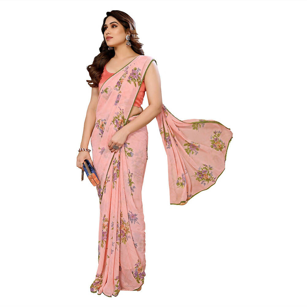 Women's Partywear Designer Peach Georgette Fancy Saree - Satrangi