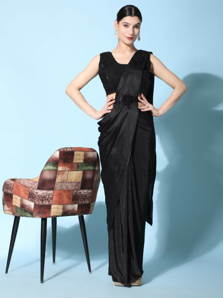 Black Imported Crush Lycra Texture Pattern Ready to Wear Saree with stitched Blouse - Nirvana