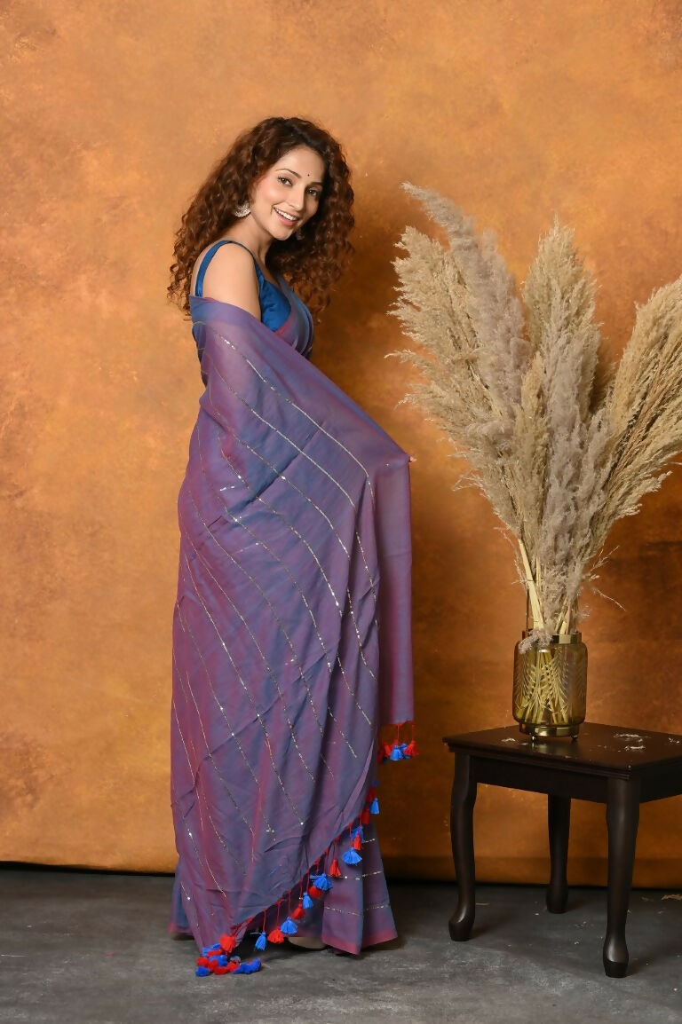 Very Much Indian Designer Mul Cotton Handloom Saree with Sequins - Purple